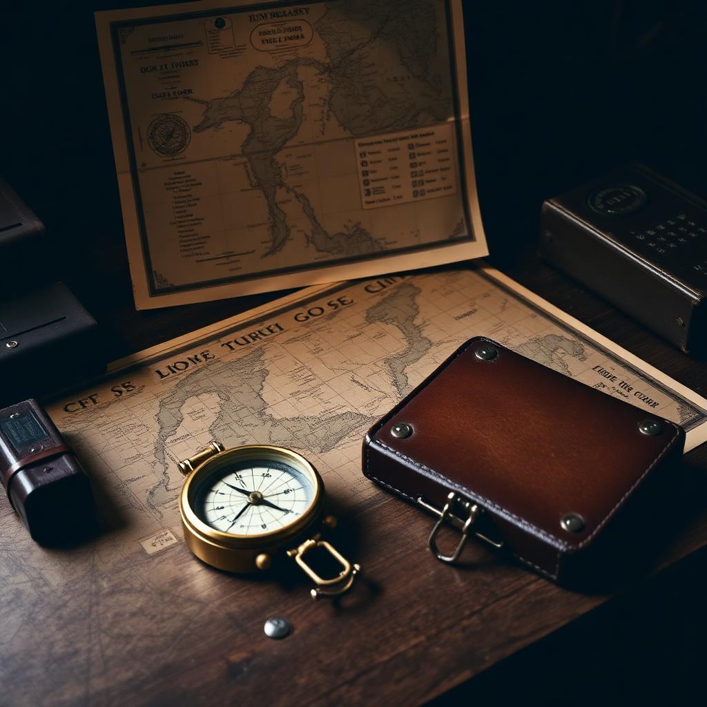 Bureau d'officier avec compas, jumelles et carte de campagne
